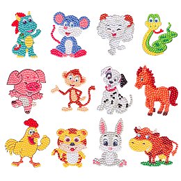 Honeyhandy DIY 12 Chinese Zodiac Signs Diamond Painting Sticker Kits, including Self Adhesive Sticker, Resin Rhinestones, Diamond Sticky Pen, Tray Plate and Glue Clay, Animal Pattern, 60~70mm, 12 patterns, 1pc/pattern, 12pcs