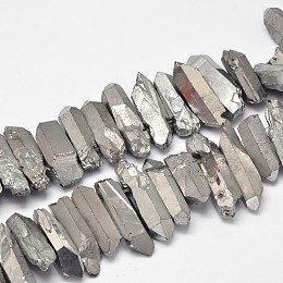 Honeyhandy Electroplated  Natural Quartz Crystal Beads Strands, Nuggets, Tusk Shape, Silver Plated, 7~15x18~60mm, Hole: 1mm, about 46pcs/strand, 16 inch