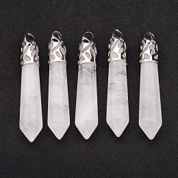 Honeyhandy Natural Quartz Crystal Big Pointed Pendants, Bullet, with Platinum Tone Alloy Findings, 57~62x9~10mm, Hole: 4x5mm