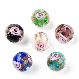 Luminous Handmade Gold Sand Lampwork Beads, Glow in the Dark, Round with Flower, Mixed Color, 8x8mm, Hole: 1.6mm