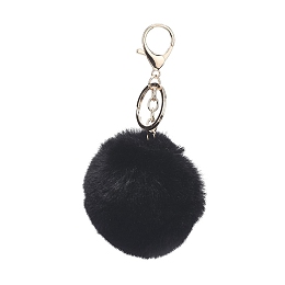 Honeyhandy Pom Pom Ball Keychain, with Alloy Lobster Claw Clasps and Iron Key Ring, for Bag Decoration,  Keychain Gift and Phone Backpack , Light Gold, Black, 138mm