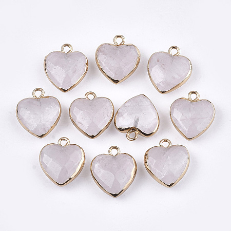 Electroplate Natural Quartz Crystal Pendants, with Iron Findings, Faceted, Heart, Golden, 16~17x14~15x6~7mm, Hole: 1.8mm