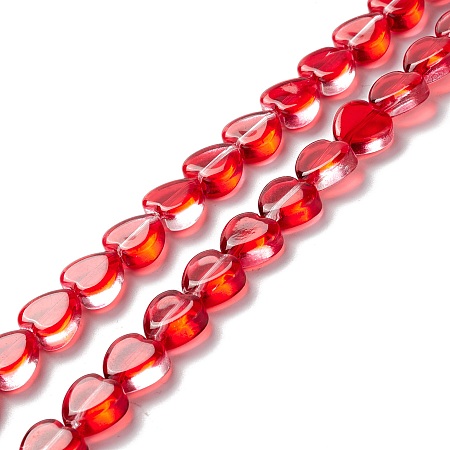 Honeyhandy Transparent Glass Beads Strand, Heart, Red, 9.5~10x10x3.5~4.5mm, Hole: 0.8~1mm, about 35pcs/strand, 13.15~13.31 inch(33.4~33.8cm)