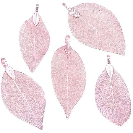 Pandahall Elite 10pcs Natural Filigree Long Leaf Pendant for Necklace Earrings Making Fashion Gifts for Women Girls - Rose Gold Plated