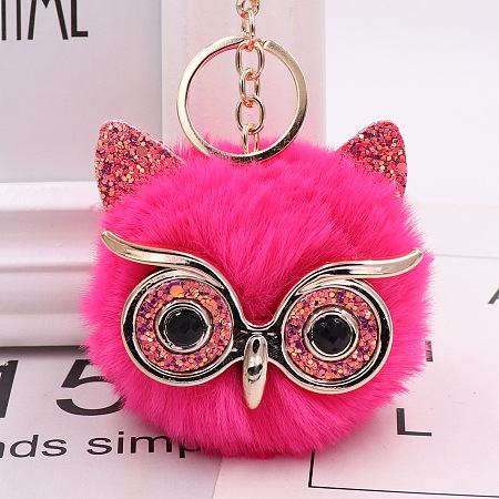 Honeyhandy Pom Pom Ball Keychain, with KC Gold Tone Plated Alloy Lobster Claw Clasps, Iron Key Ring and Chain, Owl, Deep Pink, 12cm