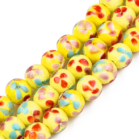 Handmade Lampwork Beads Strands, Inner Flower, Round, Yellow, 12~13x10.5~12mm, Hole: 1.2mm, about 45pcs/Strand, 19.29 inch~19.69 inch