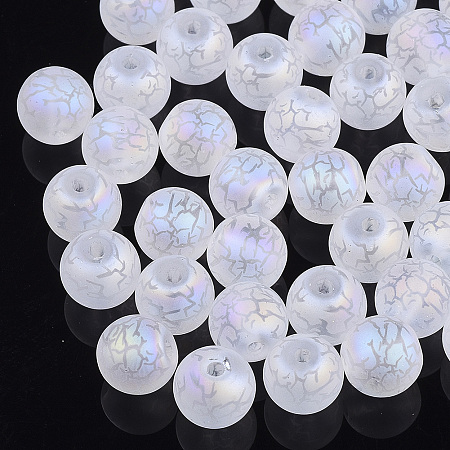 Arricraft Electroplate Glass Beads, Frosted, Round with Pattern, Clear AB, 8~8.5mm, Hole: 1.5mm