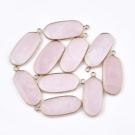 NBEADS Natural Rose Quartz Pendants, with Brass Findings, Oval, Golden, 36~37x15~16x3~4mm, Hole: 2mm