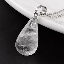 Honeyhandy Teardrop Platinum Tone Brass Quartz Crystal Pendants, Rock Crystal, 24~26x13mm, Hole: 5x8mm