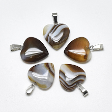 Honeyhandy Natural Banded Agate/Striped Agate Pendants, Dyed, with Stainless Steel Snap On Bails, Heart, Stainless Steel Color, Coffee, 22~24x20~21x5~7mm, Hole: 3~4x7~8.5mm