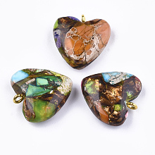 Honeyhandy Assembled Bronzite and Imperial Jasper Pendants, with Iron Findings, Heart, Golden, 20~22x19~20x5~7mm, Hole: 2mm