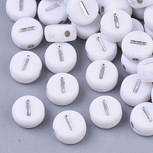 Honeyhandy Plating Acrylic Beads, Silver Metal Enlaced, Horizontal Hole, Flat Round with Letter, White, Letter.I, 7x4mm, Hole: 1.2mm