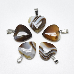 Honeyhandy Natural Banded Agate/Striped Agate Pendants, Dyed, with Stainless Steel Snap On Bails, Heart, Stainless Steel Color, Coffee, 22~24x20~21x5~7mm, Hole: 3~4x7~8.5mm