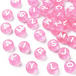 Honeyhandy Transparent Acrylic Beads, Horizontal Hole, Mixed Letters, Flat Round, Pearl Pink, 7x4mm, Hole: 1.5mm, about 3700pcs/500g
