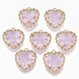 Honeyhandy Glass Pendants, with Brass Open Back Settings, Faceted, Heart, Light Gold, Pink, 18x16~17x5.5mm, Hole: 1.2mm