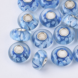 Honeyhandy Handmade Lampwork European Beads, Inner Flower, Large Hole Beads, with Silver Color Plated Brass Single Cores, Rondelle, Dodger Blue, 14x7.5mm, Hole: 4mm