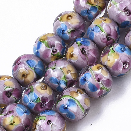 ARRICRAFT Handmade Lampwork Beads Strands, Inner Flower, Round, Orchid, 11.5~12.5x10.5~11.5mm, Hole: 1.4mm, about 45pcs/Strand, 19.69 inches~20.08 inches