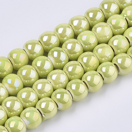 Electroplate Porcelain Beads, Handmade Bright Glazed Porcelain, AB Color Plated, Round, Yellow Green, 7x6mm, Hole: 2.5mm, 26.38 inches~27.16 inches(67~69cm); about 120~121pcs/Strand