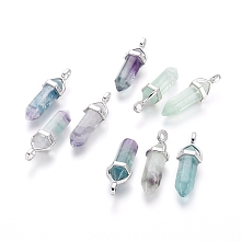 Honeyhandy Natural Fluorite Double Terminated Pointed Pendants, with Random Alloy Pendant Hexagon Bead Cap Bails, Bullet, Platinum, 37~40x12mm, Hole: 3mm