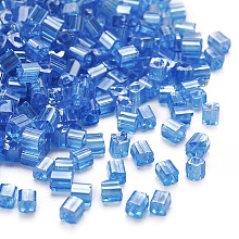 Honeyhandy 6/0 Glass Seed Beads, Transparent Colours Luster, Square Hole, Cube, Dodger Blue, 3~5x3~4x3~4mm, Hole: 1.2~1.4mm, about 1000pcs/100g