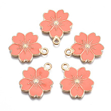 Honeyhandy Alloy Enamel Pendants, Sakura Flower, Light Gold, Salmon, 20.5x17.5x1.5mm, Hole: 2mm