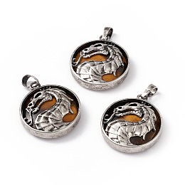 Honeyhandy Natural Tiger Eye Pendants, Flat Round Charms with Rack Plating Antique Silver Tone Brass Dragon, Cadmium Free & Lead Free, 32x28x7.5mm, Hole: 8.5x5mm