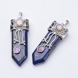 Honeyhandy Natural Lapis Lazuli Big Pointed Pendants, with Brass Finding, 57~61x15~20x10~14mm, Hole: 4x7mm