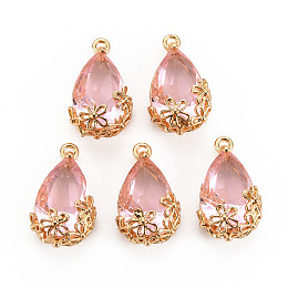 Transparent Glass Pendants, for DIY Jewelry Making, with Brass Findings, Faceted, Teardrop with Flower, Light Gold, Pink, 16x9x6mm, Hole: 1.2mm