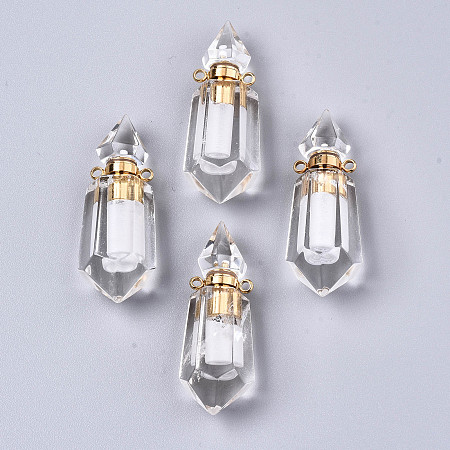 ARRICRAFT Faceted Natural Quartz Crystal Pendants, Openable Perfume Bottle, with Golden Tone Brass Findings, Hexagon, 40~41.5x15x13.5mm, Hole: 1.8mm, Bottle Capacity: 1ml(0.034 fl. oz)