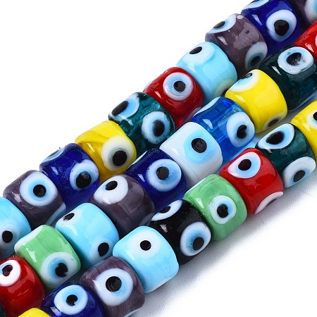 Honeyhandy Handmade Evil Eye Lampwork Beads Strands, Column, Mixed Color, 8.5x6~7mm, Hole: 2mm, about 53~56pcs/strand, 13.78 inch~14.17 inch(35cm~36cm)