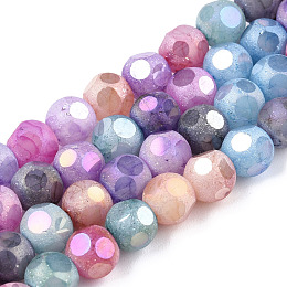 Honeyhandy Opaque Frosted Glass Beads Strands, AB Color Plated, Faceted, Round, Colorful, 6.5x6mm, Hole: 1.5mm, about 70pcs/strand, 16.38 inch(41.6cm)