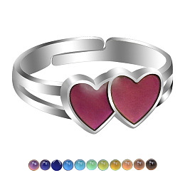 Honeyhandy Enamel Double Heart Mood Ring, Temperature Change Color Emotion Feeling Alloy Adjustable Ring for Women, Platinum, US Size 6 1/2(16.9mm)