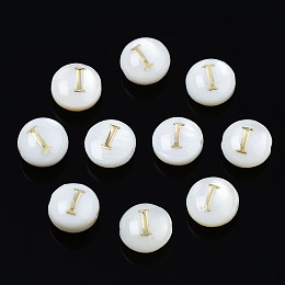 Honeyhandy Natural Freshwater Shell Beads, with Golden Plated Brass Etched Metal Embellishments, Flat Round with Letter, Seashell Color, Letter.I, 6x4mm, Hole: 0.8mm