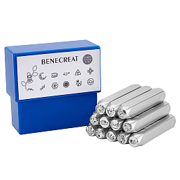 Honeyhandy BENECREAT Iron Stamps Seal, for Imprinting Metal, Plastic, Wood, Leather, Platinum, Mixed Patterns, 65.5x10mm, Pattern: 6mm, 12pcs/box, 1 box