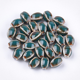 Honeyhandy Handmade Porcelain Beads, Fancy Antique Glazed Porcelain, Oval, Cadet Blue, 12~14x9~10.5x9~11mm, Hole: 2.5mm