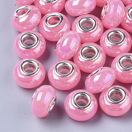 Honeyhandy Opaque Resin European Beads, Large Hole Beads, Imitation Porcelain, with Platinum Tone Brass Double Cores, AB Color, Rondelle, Pearl Pink, 14x9mm, Hole: 5mm