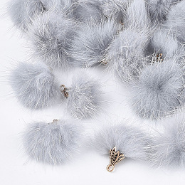 Honeyhandy Faux Mink Fur Tassel Pendant Decorations, with Alloy Findings, Antique Golden, Light Grey, 20~30x28~30mm, Hole: 1.8mm