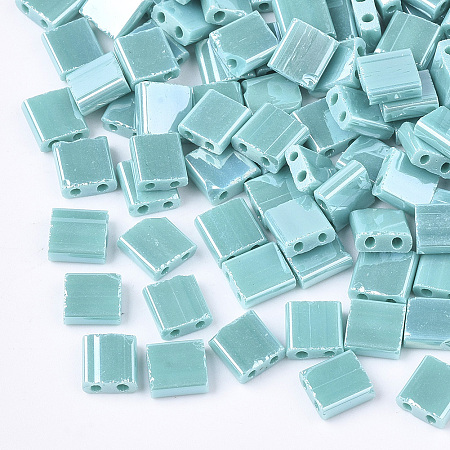 Honeyhandy 2-Hole Opaque Glass Seed Beads, Lustered, Rectangle, Medium Turquoise, 5x4.5~5.5x2~2.5mm, Hole: 0.5~0.8mm
