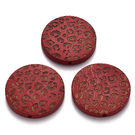 Honeyhandy Painted Natural Wood Beads, Laser Engraved Pattern, Flat Round with Leopard Print, FireBrick, 30x5mm, Hole: 1.6mm