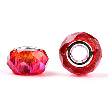 Honeyhandy Transparent Resin European Beads, Imitation Crystal, Two-Tone Large Hole Beads, with Silver Tone Brass Double Cores, Faceted, Rondelle, Cerise, 14x8.5mm, Hole: 5mm