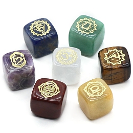 Honeyhandy Natural Gemstone 7 Chakra Healing Stone Set, Cube-Shaped with Engraved Symbols, for Reiki meditation Wicca Power Balancing, 16~18mm, 7pcs/set