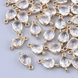 Honeyhandy Transparent Glass Links connectors, for Jewelry DIY Craft Making, with Brass Findings, Faceted, Teardrop, Light Gold, Clear, 13x7x3.5mm, Hole: 1.2mm