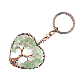 Honeyhandy Natural Green Aventurine Pendant Keychains, with Brass Findings and Alloy Key Rings, Heart with Tree of Life, 10.7cm