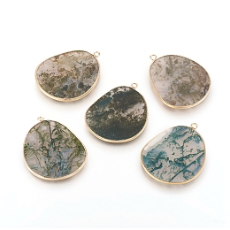 Honeyhandy Natural Moss Agate Pendants, with Brass Findings, Golden, 33.5~34x27x2mm, Hole: 1.5mm