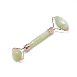 ARRICRAFT Natural Jade Massage Tools, Facial Rollers, with Brass Findings, Rose Gold, Rose Gold, 13.5~15.3x4~6x2~2.05cm