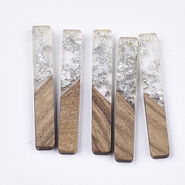 Honeyhandy Resin & Walnut Wood Big Pendants, with Silver Foil, Rectangle, Silver, 51.5x7.5x3mm, Hole: 1.8mm