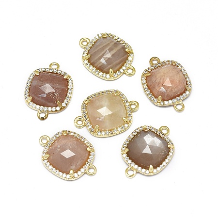 Honeyhandy Natural Sunstone Links connectors, with Golden Tone Brass Findings and Cubic Zirconia, Faceted, Square, Clear, 18.5~19x13.5x4.5mm, Hole: 1.6mm