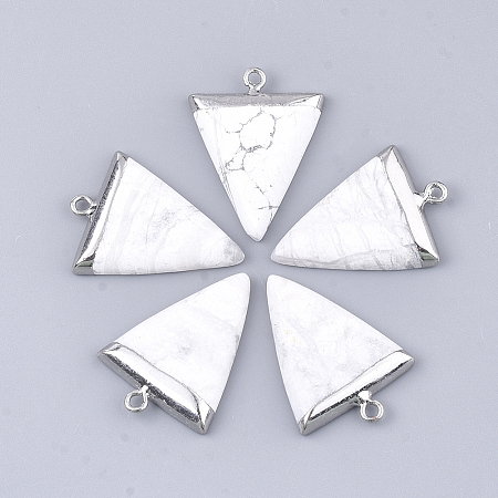 Honeyhandy Electroplate Natural Howlite Pendants, with Iron Findings, Triangle, Platinum, 30~34x23x5~5.5mm, Hole: 1.6mm