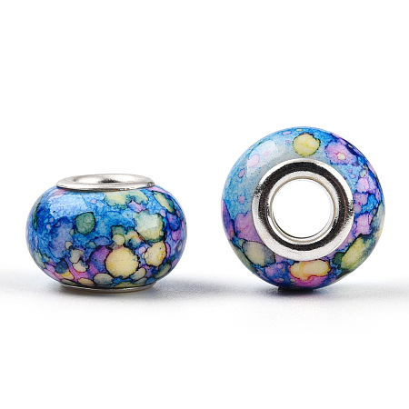 Honeyhandy Opaque Resin European Beads, Imitation Crystal, Two-Tone Large Hole Beads, with Silver Tone Brass Double Cores, Rondelle, Dodger Blue, 14x9.5mm, Hole: 5mm