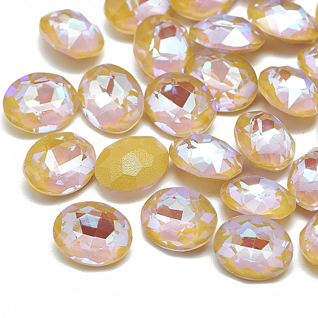 Pointed Back K9 Glass Rhinestone Cabochons, Back Plated, Fluorescent, Oval, Light Smoked Topaz, 10x8x5mm